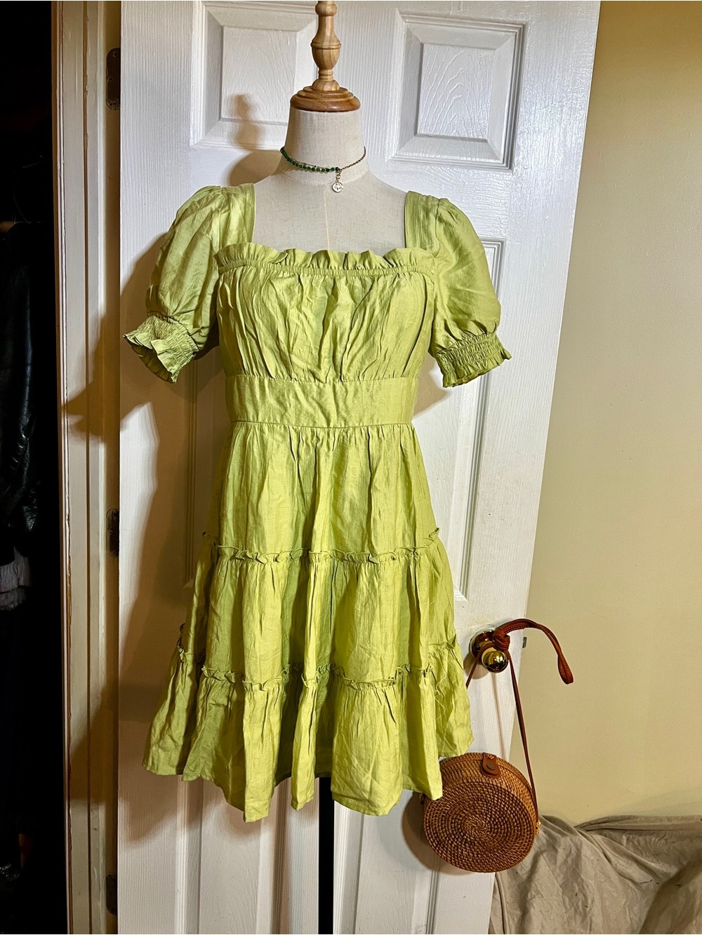 Mine Wms Lime Green Pleated Ruffle Tiered Cottagecore Mini Boho Peasant Dress L